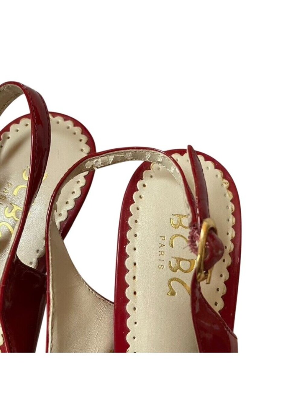 BCBG Paris Red Patent Leather Peep-Toe Slingback Heels With Cork Wedge Size 9B - Picture 10 of 12